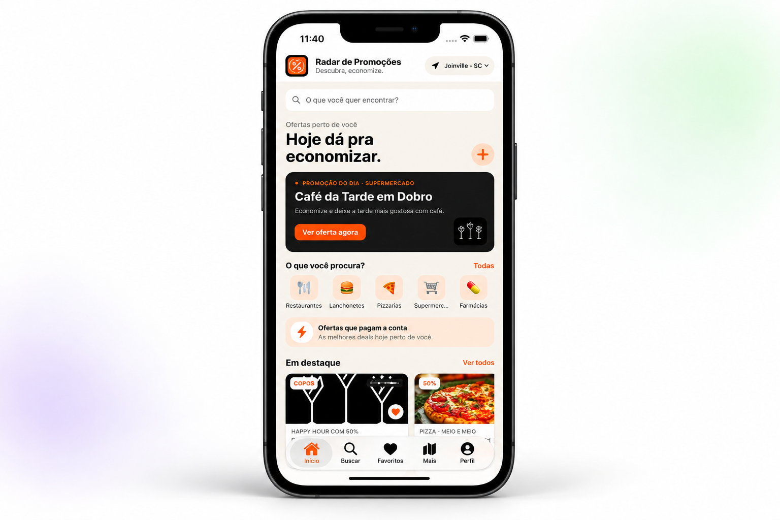 Apresentação do app Radar de Promoções em um celular
