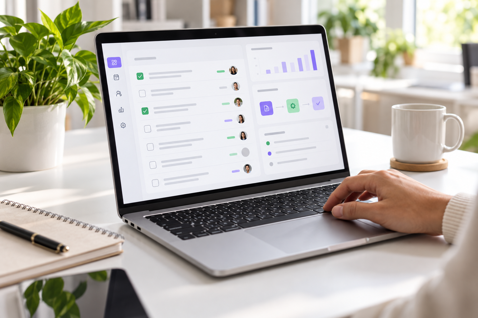 Laptop em ambiente claro com interface ilustrativa de organização e automação de tarefas